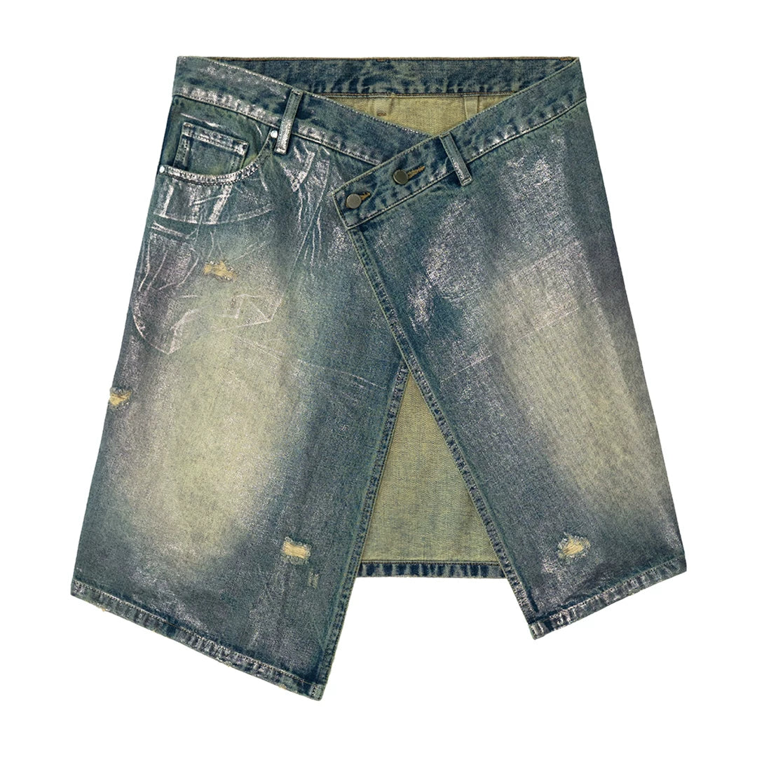 Distressed Denim Wrap Midi Skirt