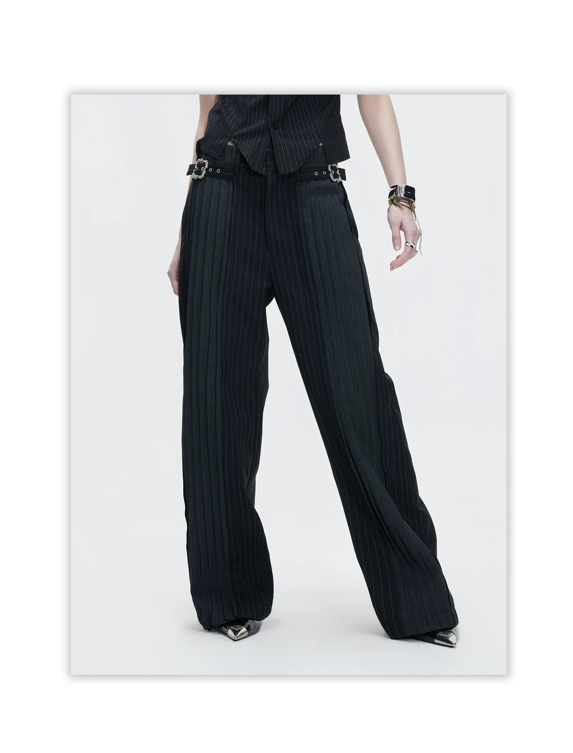 Pinstripe Buckle Waist Wide Leg Pants