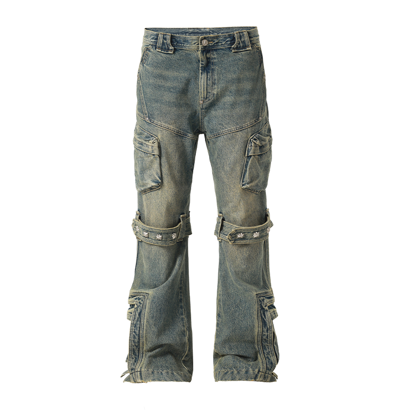 Studs Strapped Work Denim Jeans - chiclara
