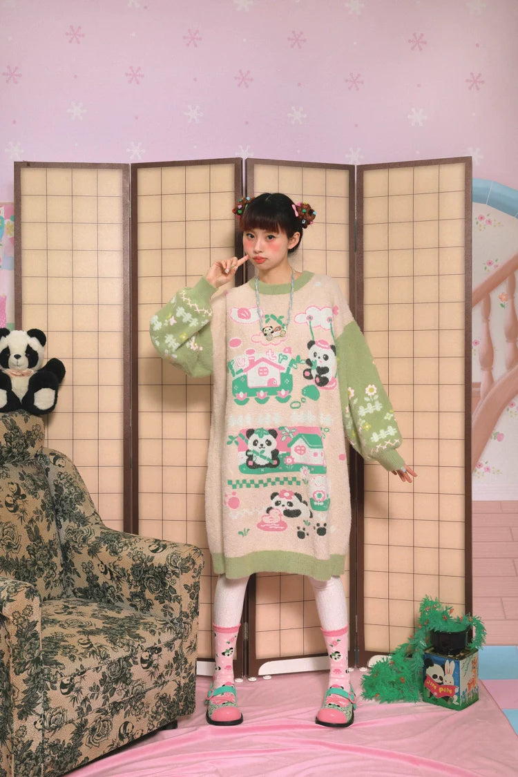 Spring Panda Garden Sweater Dress