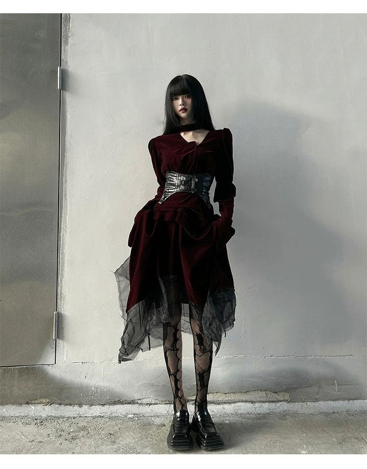 Ladyghost Gothic Victorian Maxi Dress - Women'S Burgundy Velvet And Black Mesh Layered Gown With Corset Belt