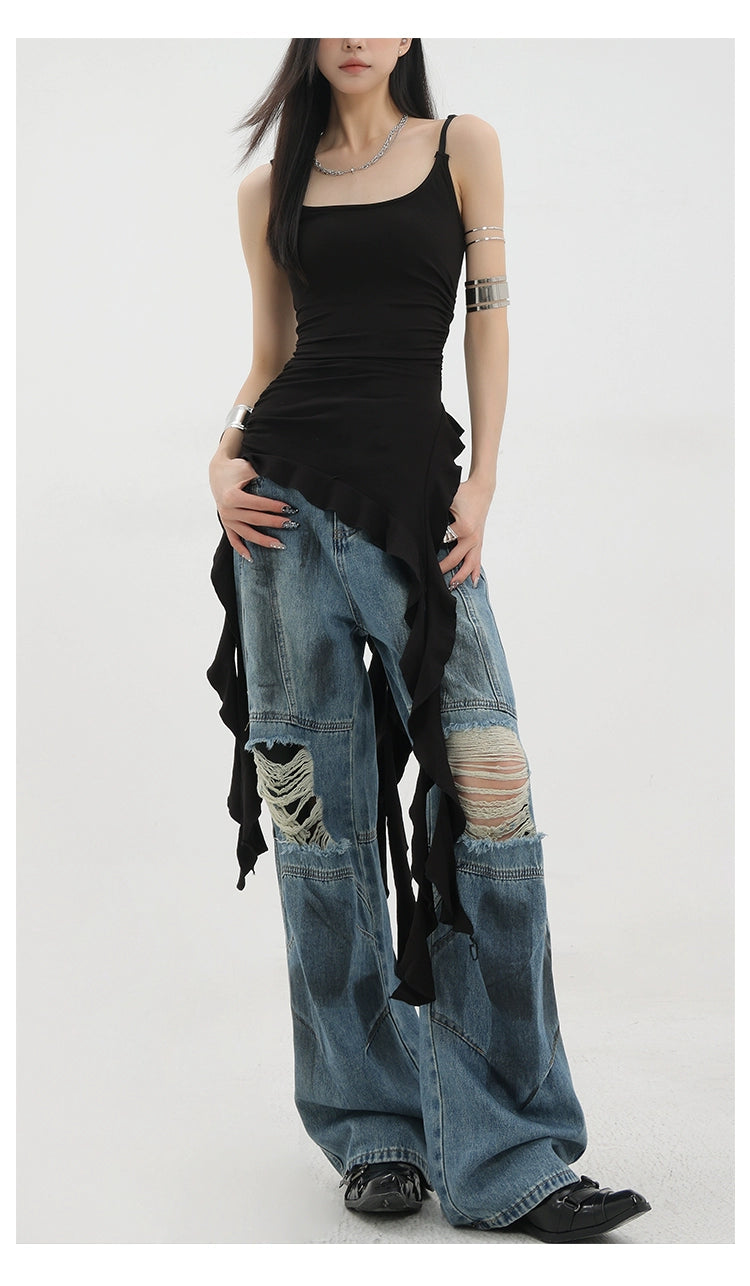 Vintage Distressed And Dirt-Dyed Patchwork Wide-Leg Jeans - chiclara