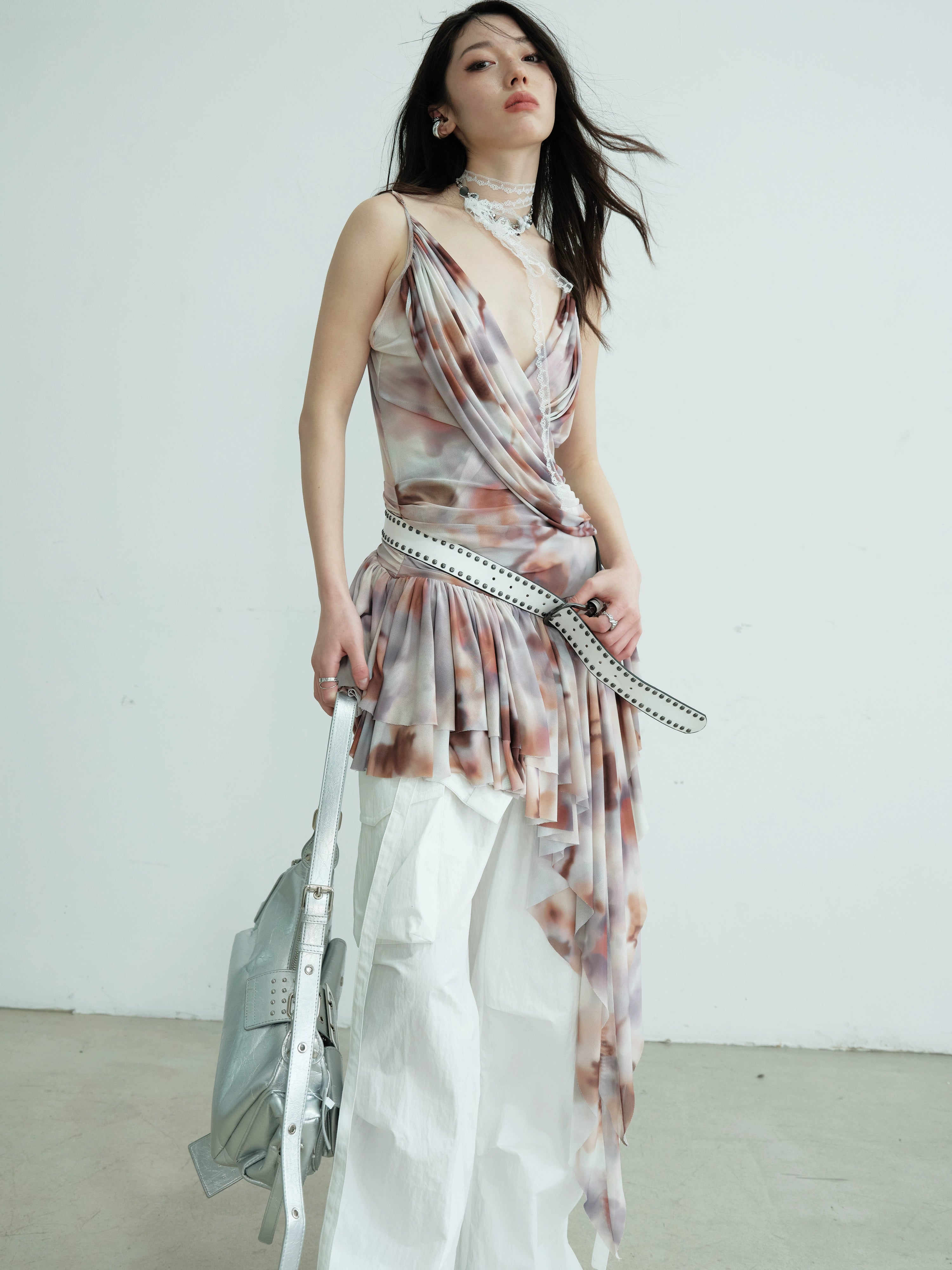 Draped Asymmetric Fringe Metallic Mini Dress