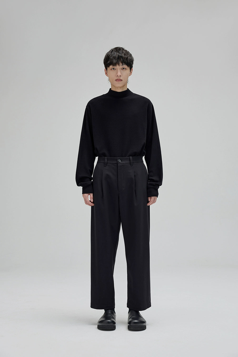 Semi-Elastic Waist Wide-Leg Straight Cropped Pants