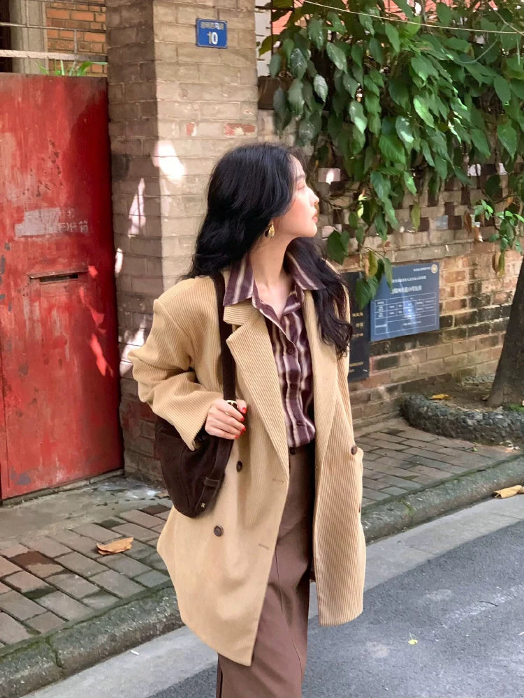 Double-Breasted Relaxed Camel Blazer