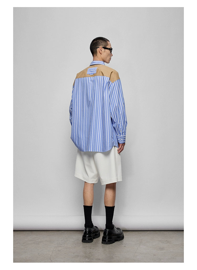 Color-Block Patchwork Pocket Oversized Shirt