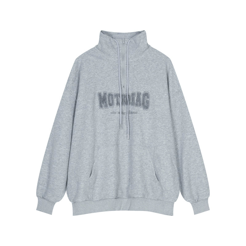 Quarter-Zip Mock Neck Sweatshirt with Embroidered Text