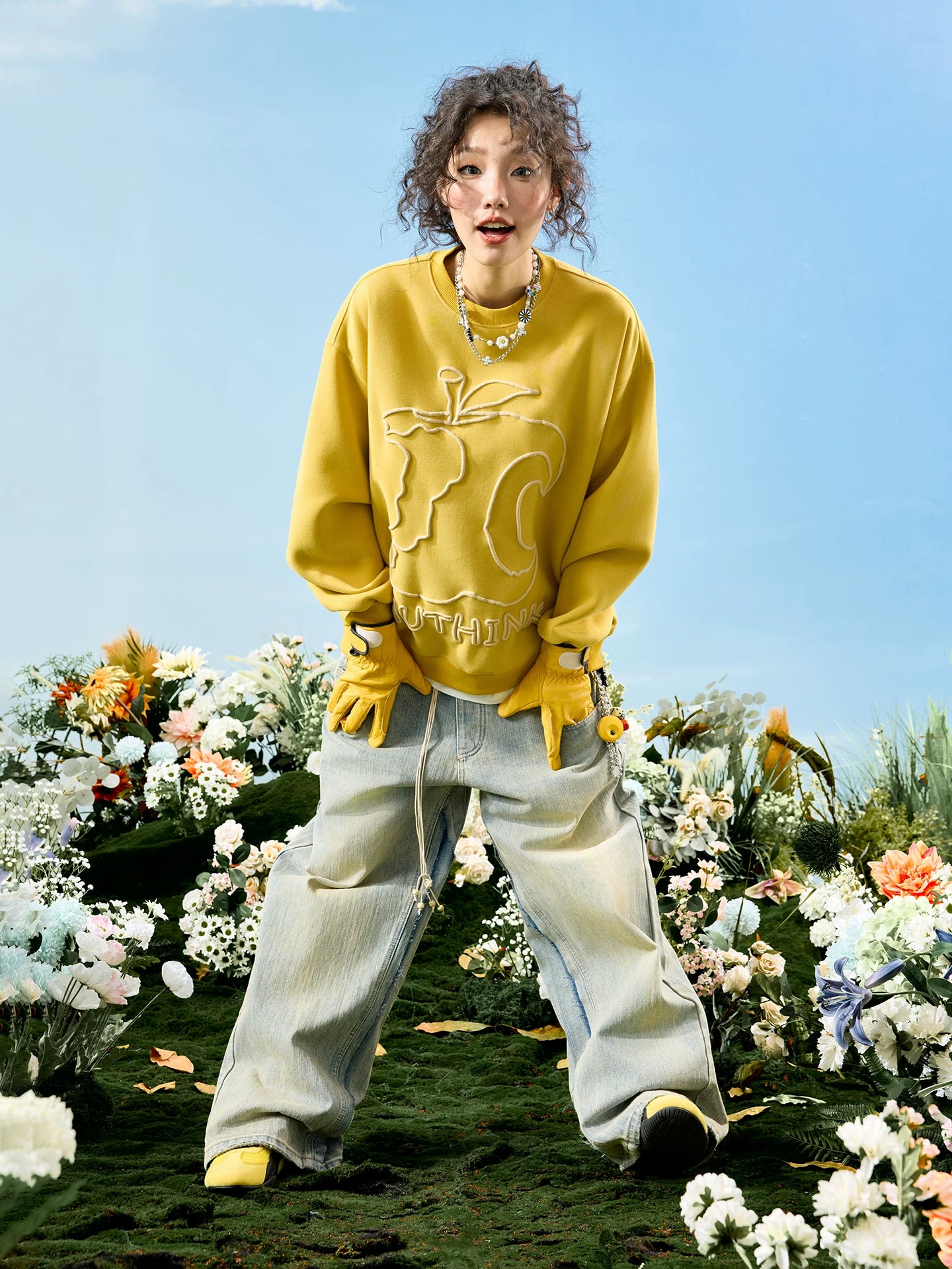 Abstract Outline Embroidered Oversized Crewneck Sweatshirt