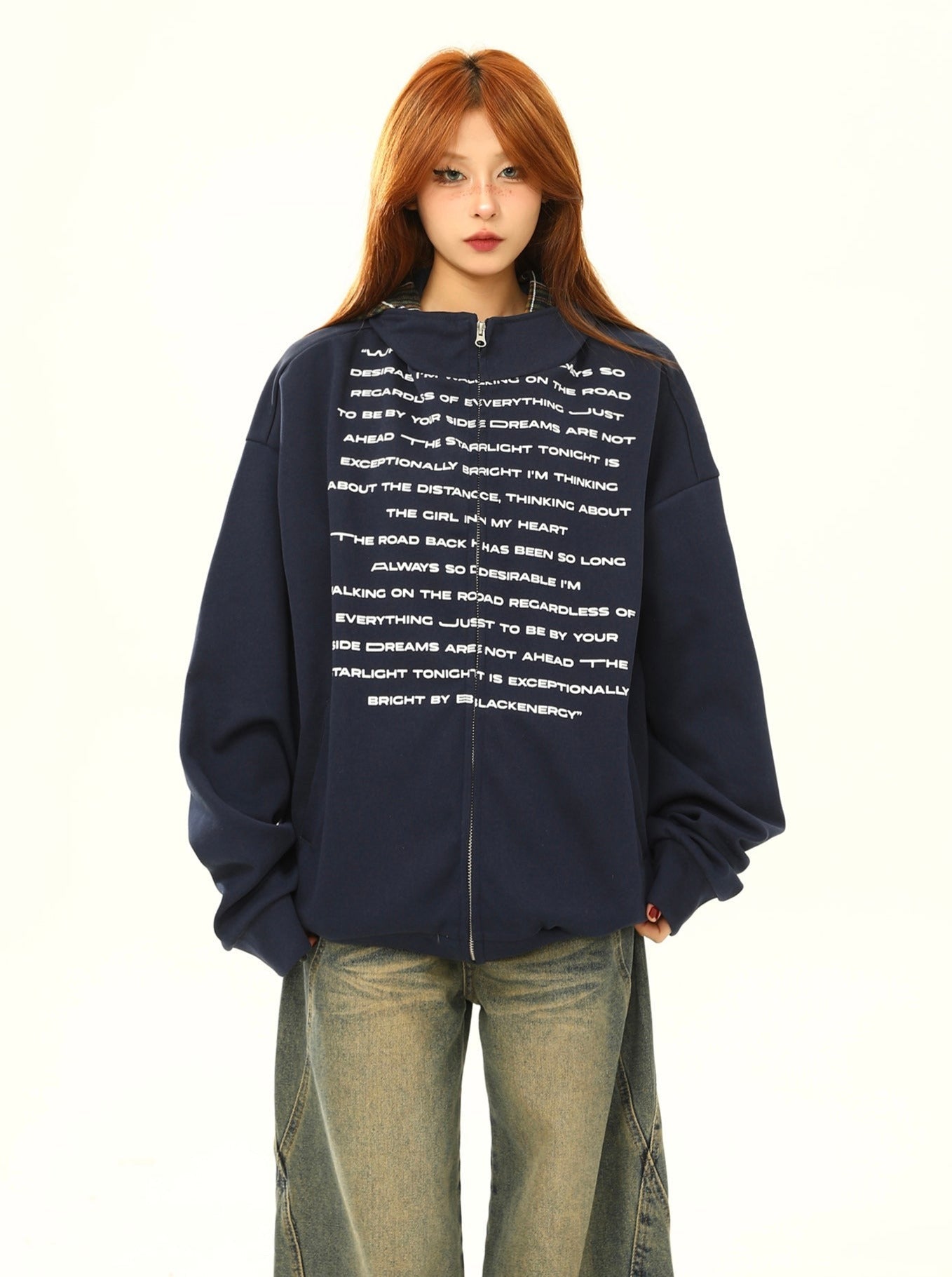 Oversized Text Print Zip-Up Sweatshirt