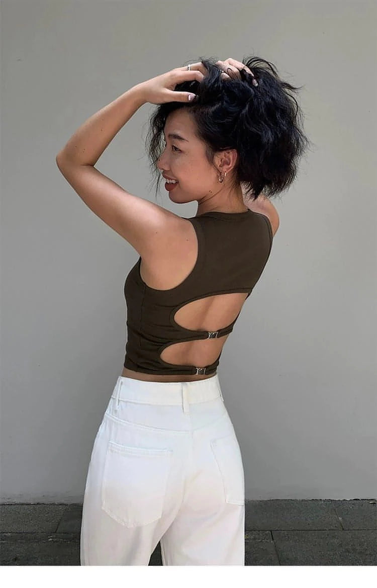 Summer Collection - Black Cut-Out Backless Camisole Top - chiclara