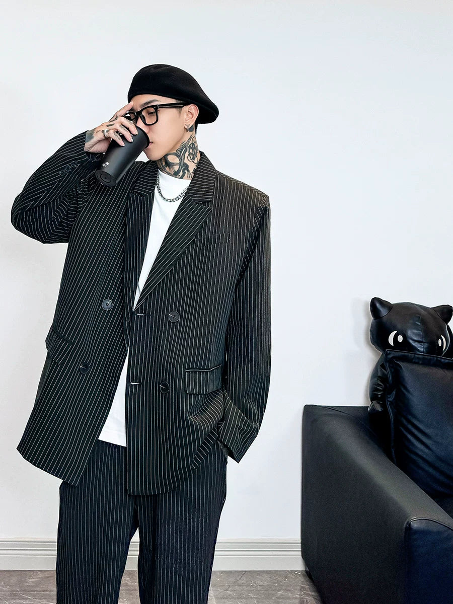 Midnight Muse Oversized Pinstripe Blazer and Pants Setup