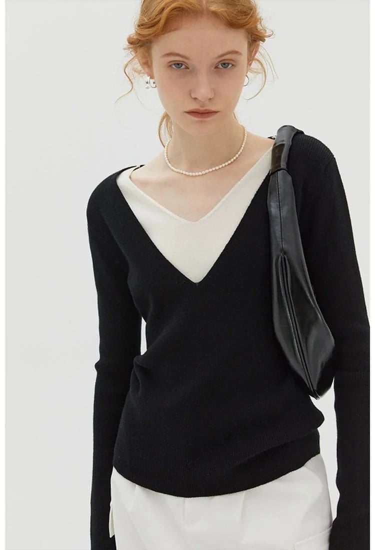 V-Neck Wool Knitwear, Color-Block Faux Layered Top - chiclara