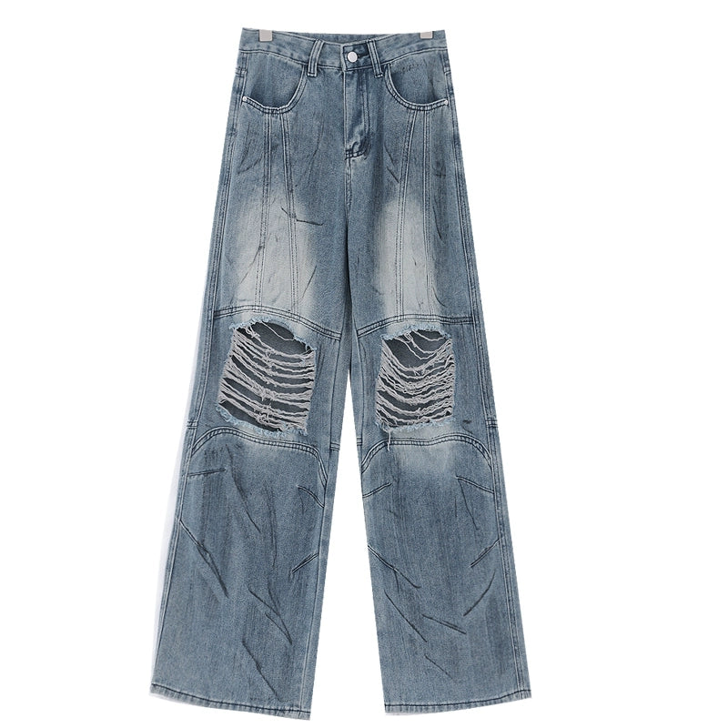 Vintage Distressed And Dirt-Dyed Patchwork Wide-Leg Jeans - chiclara