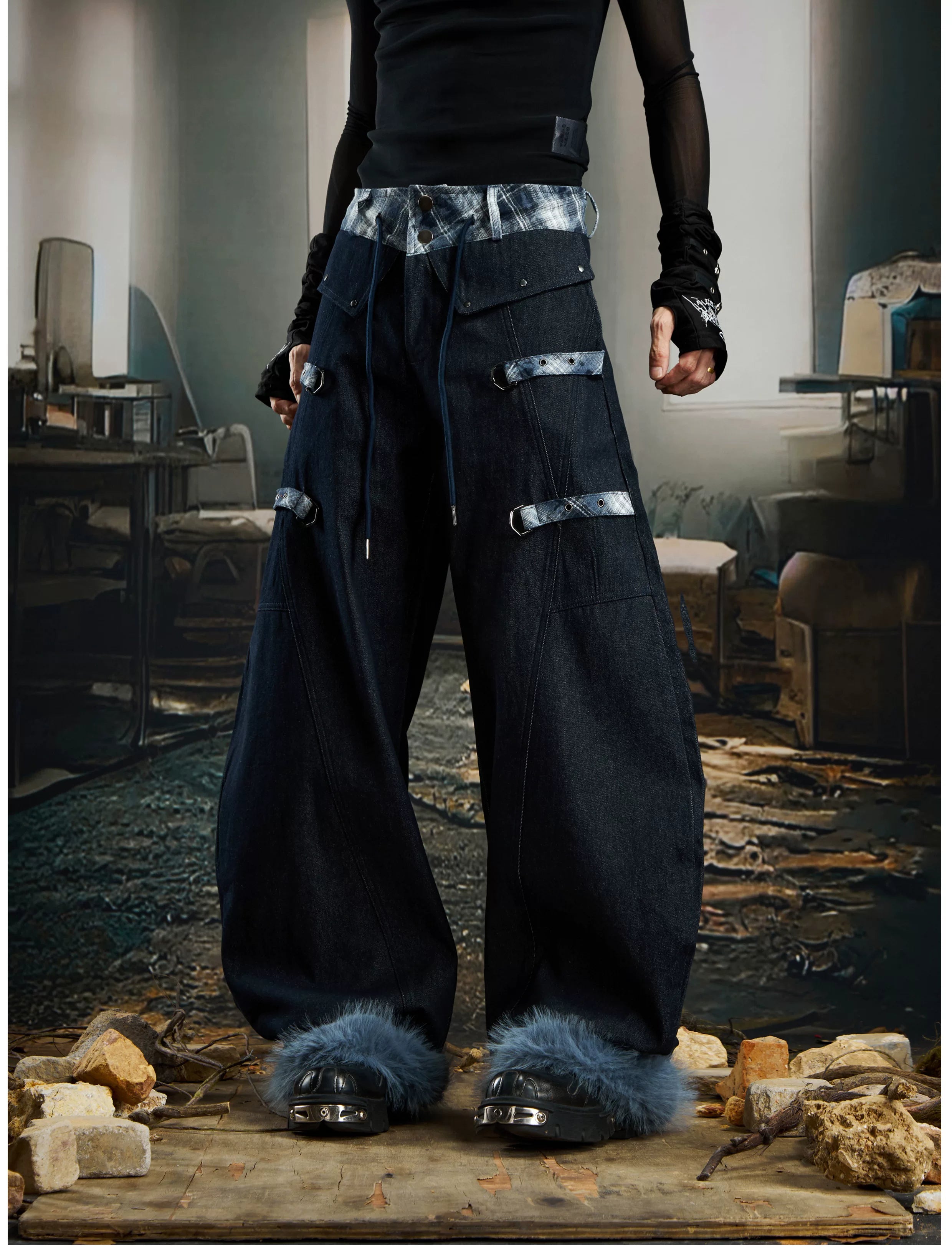 Cuff Flannel‑Trim Furry Hem Pants