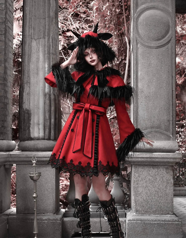 Crimson Faux Fur Trim Gothic Coat Dress