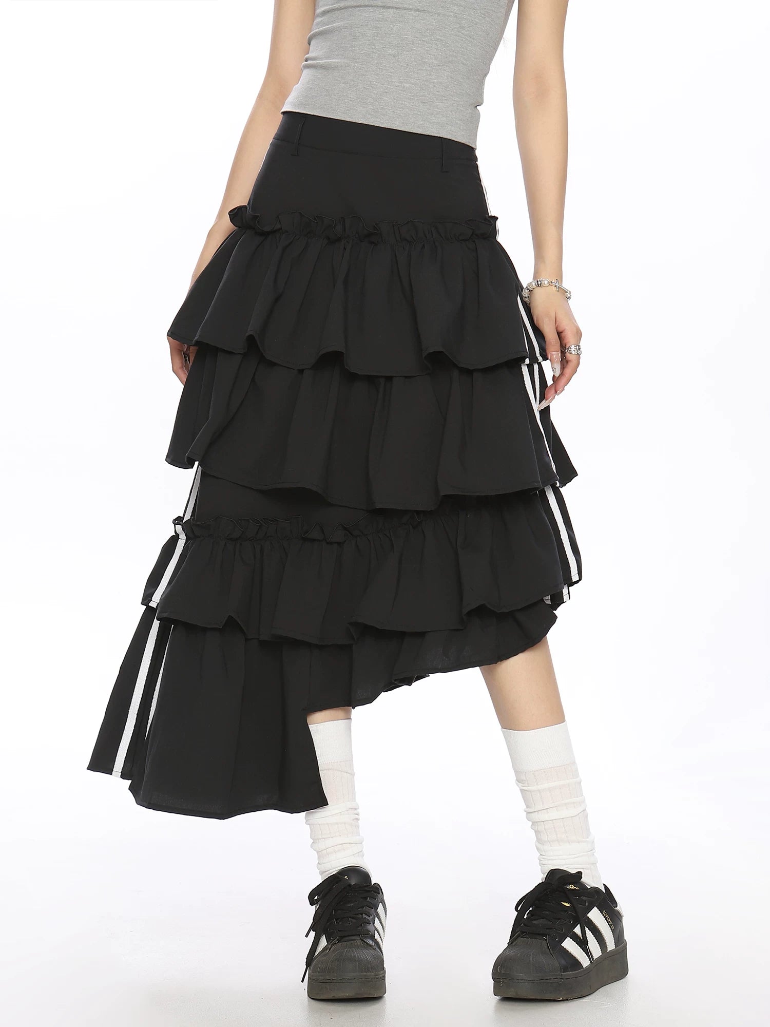 Asymmetric Tiered Ribbon Midi Skirt