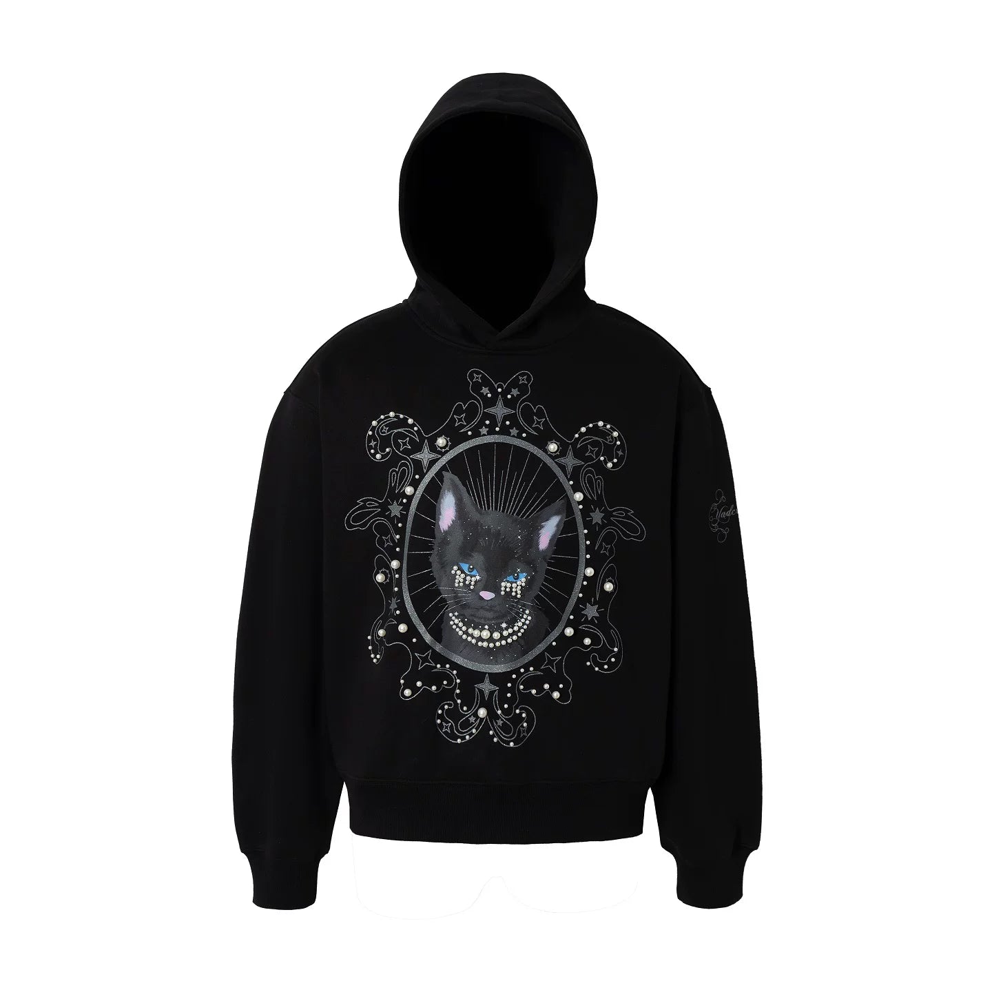 Pearl Embellished Mystic Cat Graphic Hoodie