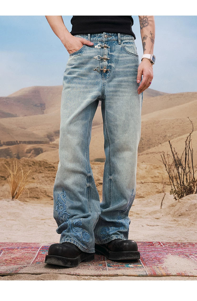 Embroidered Buckle Detail Wide Leg Jeans