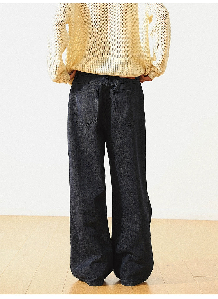 Blue Straight Wide Leg Denim Pants