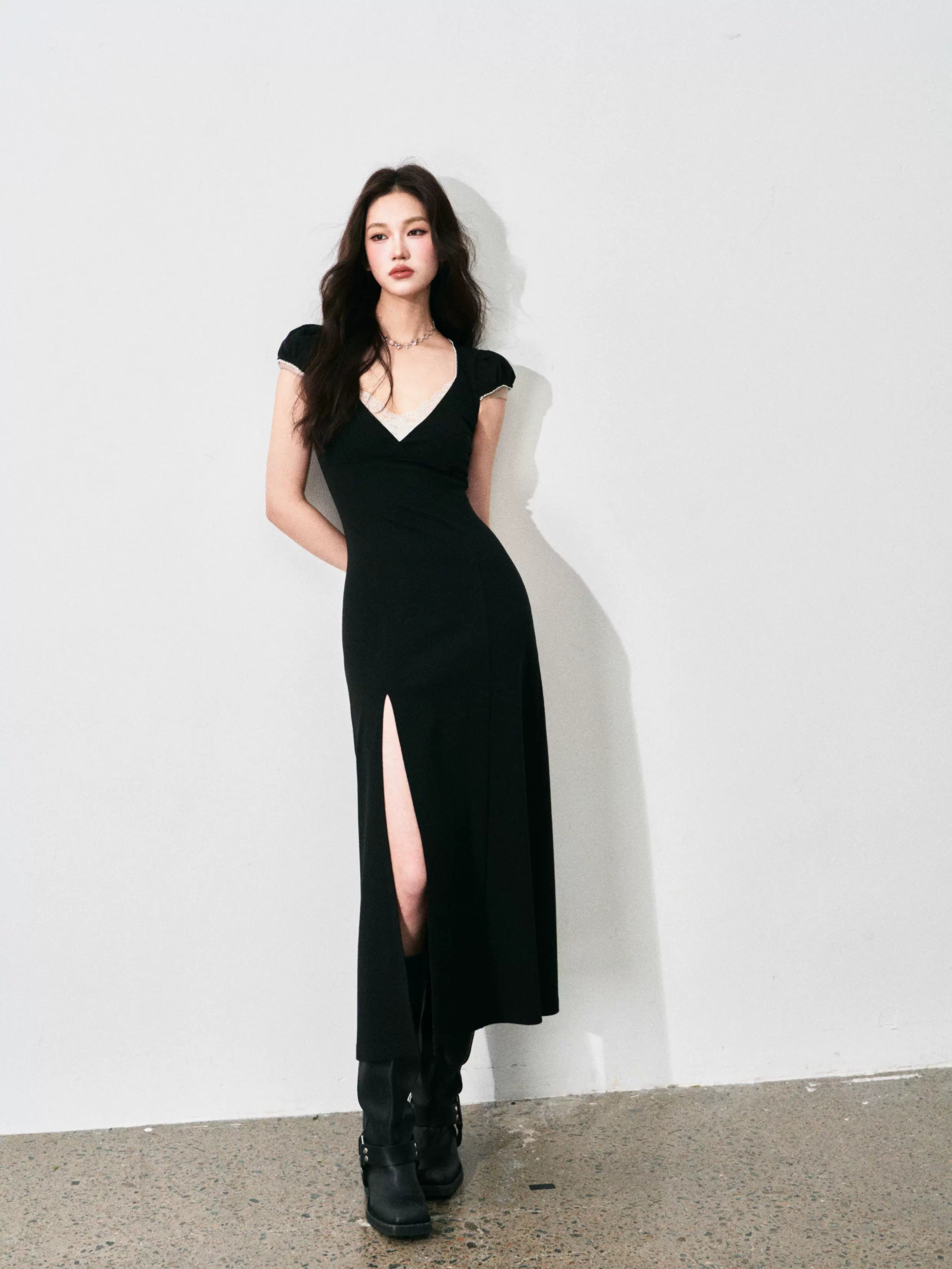 Noir Muse Lace‑Slit Dress