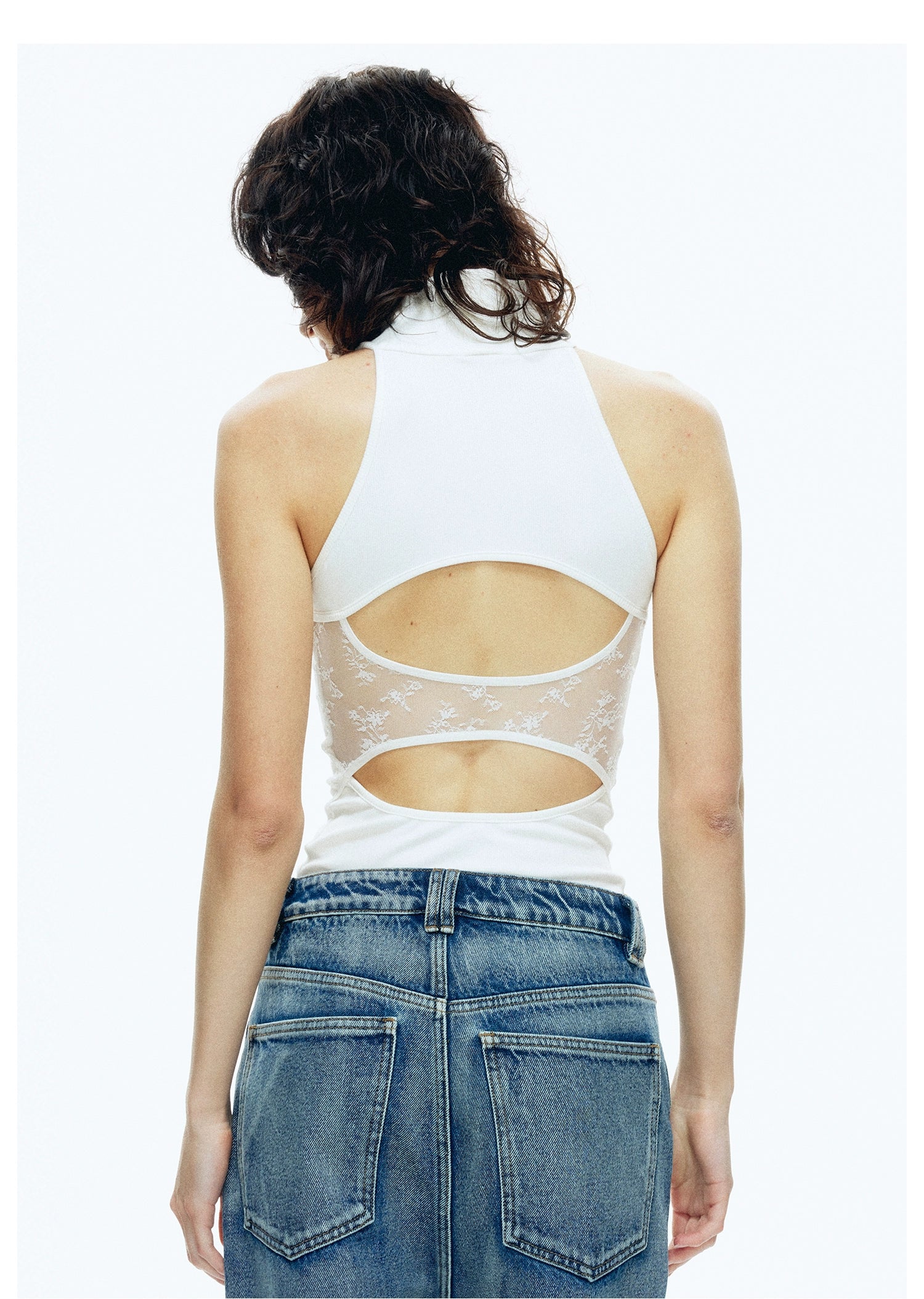 Black/White High Neck Backless Tank Top