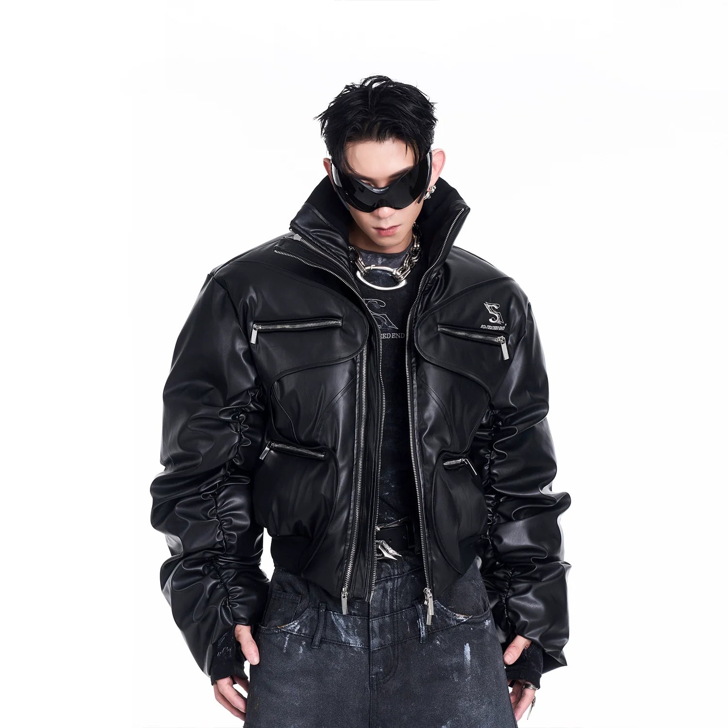 Stand Collar Multi-Pocket Leather Puffer Jacket