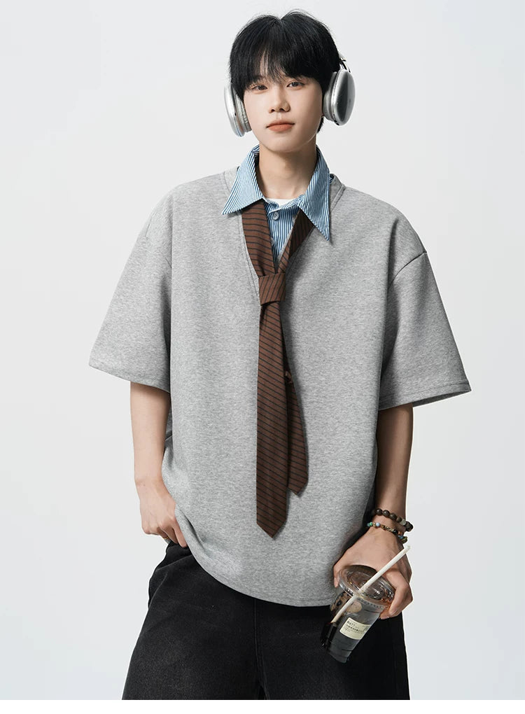 Layered V-Placket Oversize Polo Tee