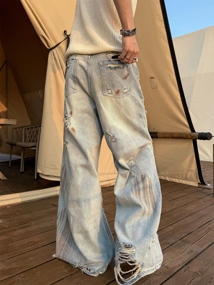 Heavy Distressed Wide Leg Denim Jeans