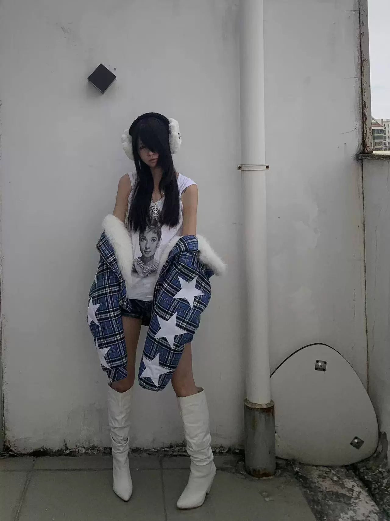 Celestial 08 Blue Plaid Star Puffer Jacket