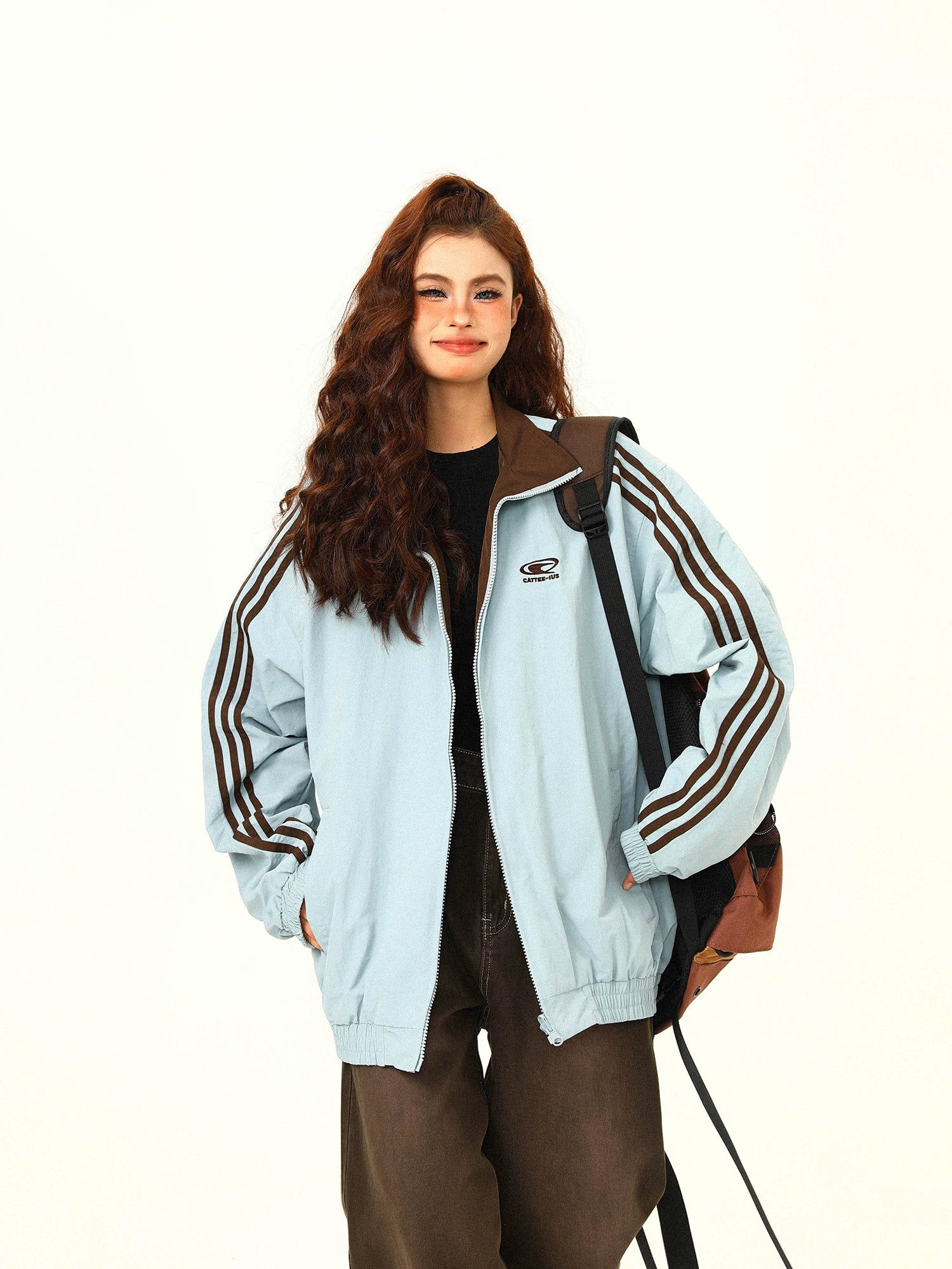 Contrast Collar Brown Bomber Jacket