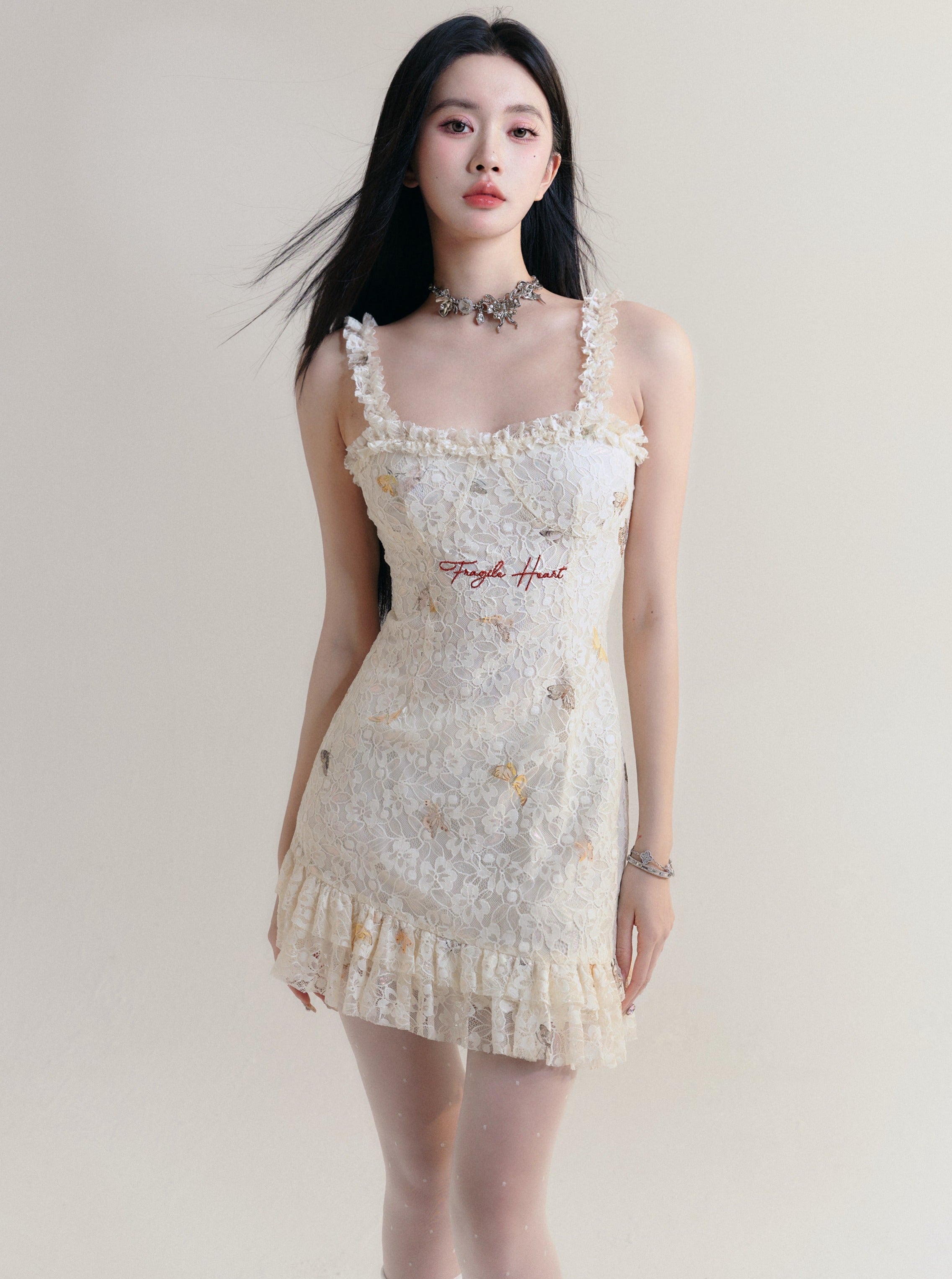 Vintage-Inspired Floral Lace Mini Dress with Ruffle Trim