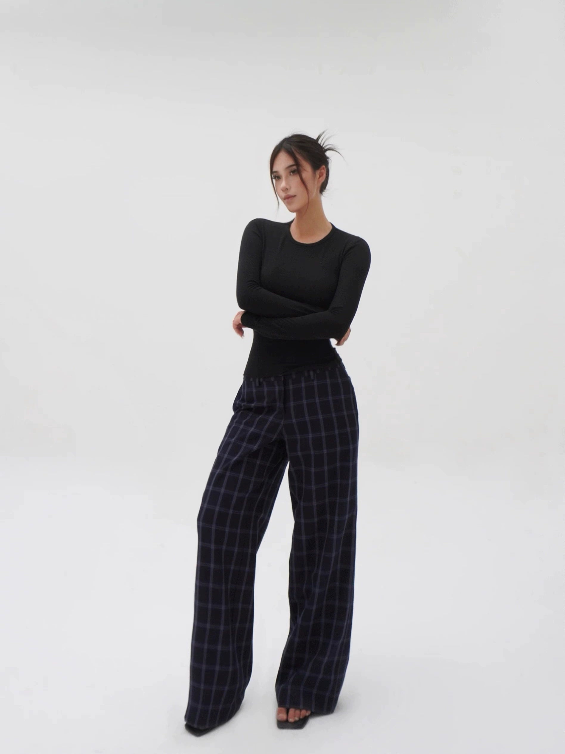 Low-Waist Blue Plaid Loose Casual Pants