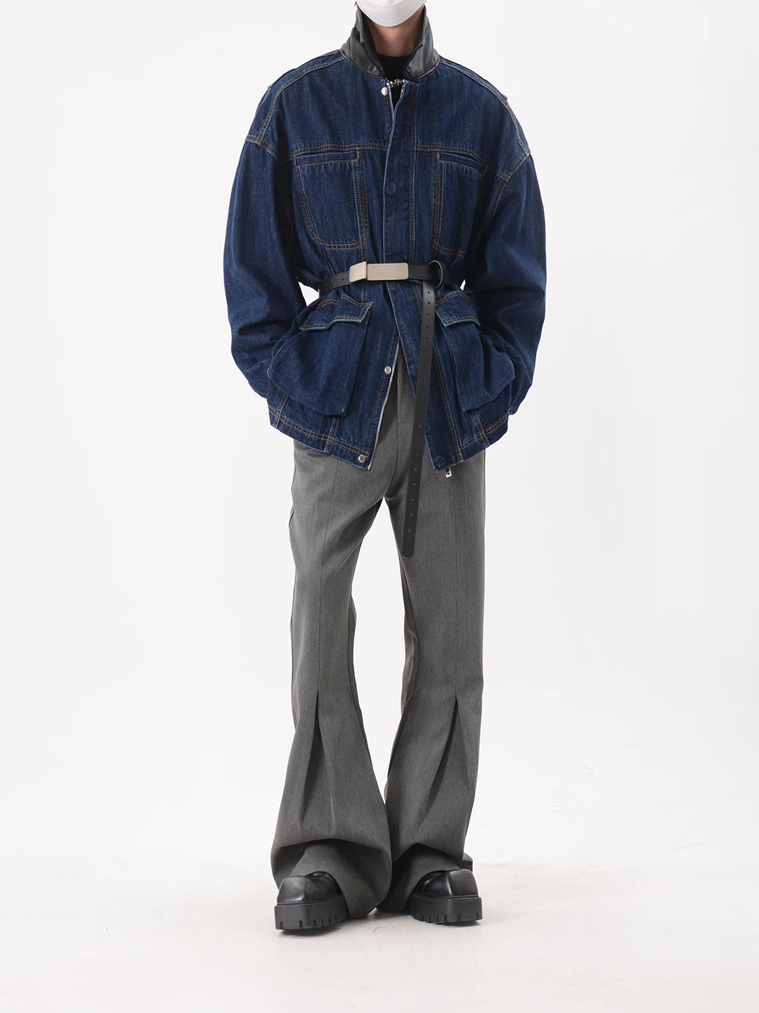 Blue Oversized Belted Denim Utility Jacket