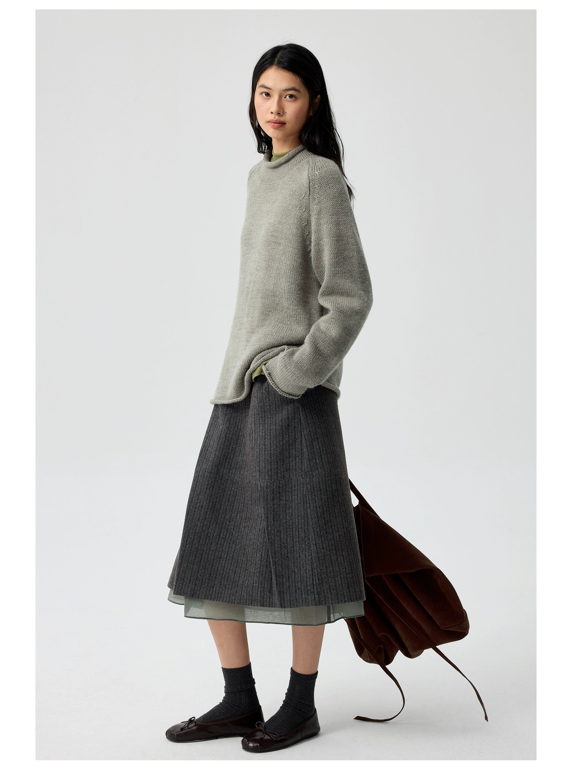 Pinstripe Wool Layered Midi Skirt
