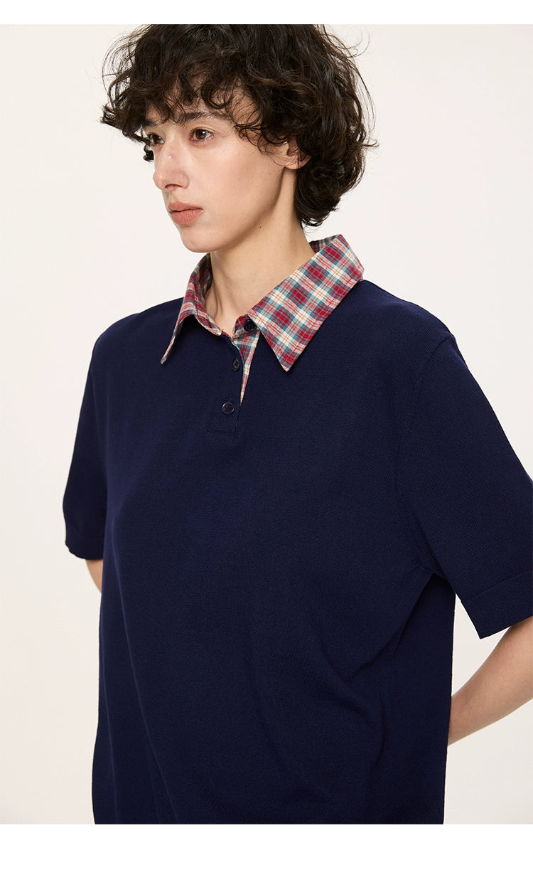 Contrast Plaid Collar Knit Polo Shirt
