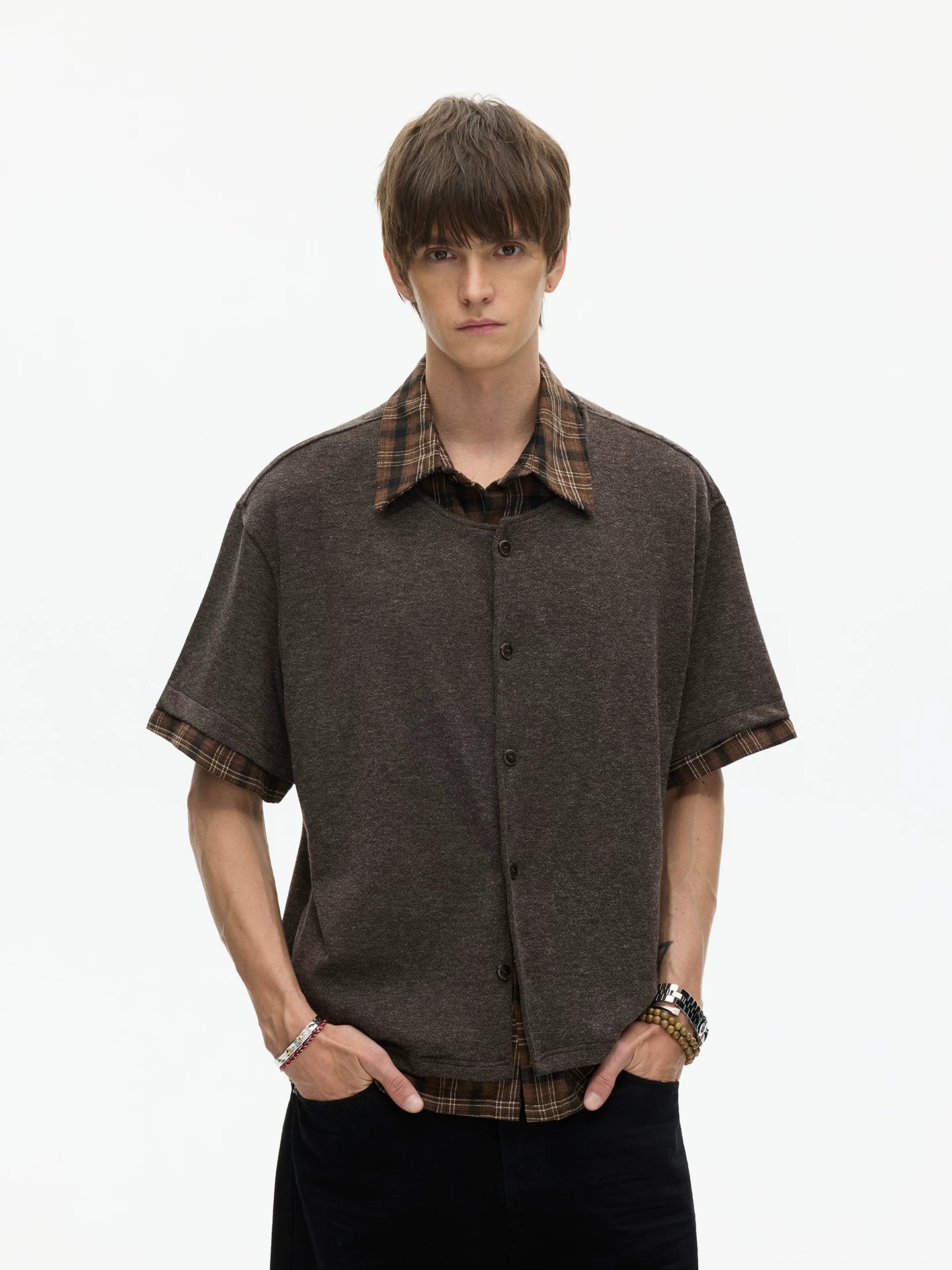 Layered Plaid Hem Knit Shirt