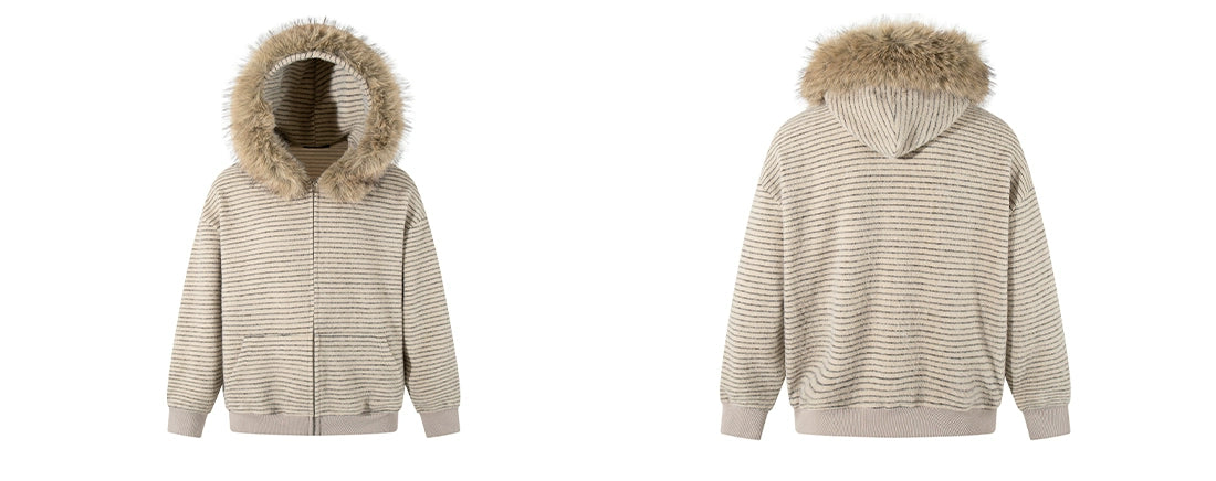 Striped Faux Fur Collar Zip Hoodie