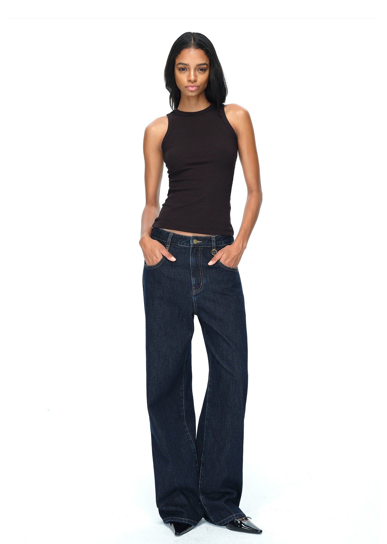 Dark Blue Raw Denim Wide-Leg Jeans