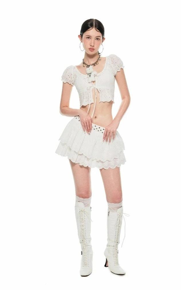 1Jin White Eyelet Lace-Up Crop Top - Women'S Puff Sleeve Ruffle Hem Top