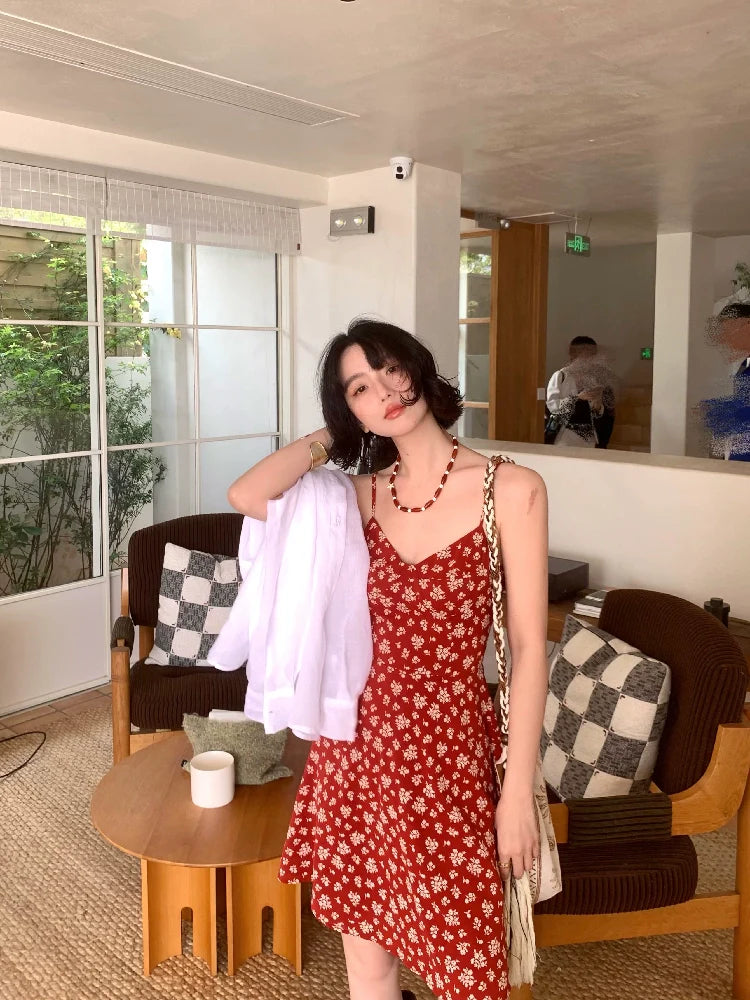 Red Floral Print Asymmetrical Dress