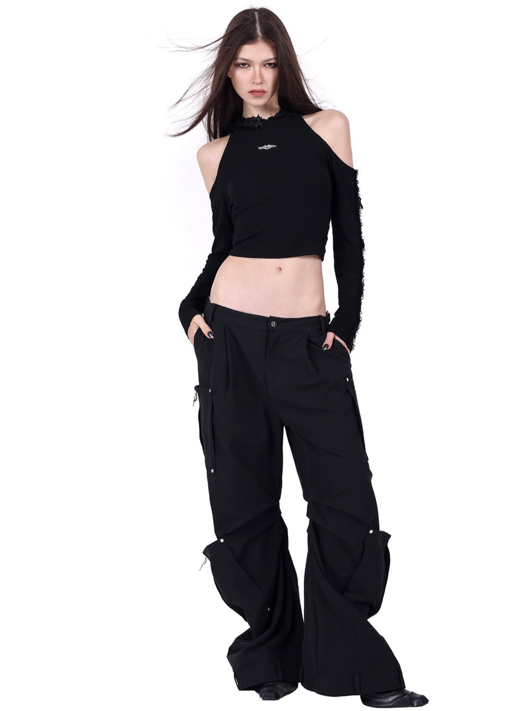 PINKSPINK Asymmetric Hooded Crop Top - Black