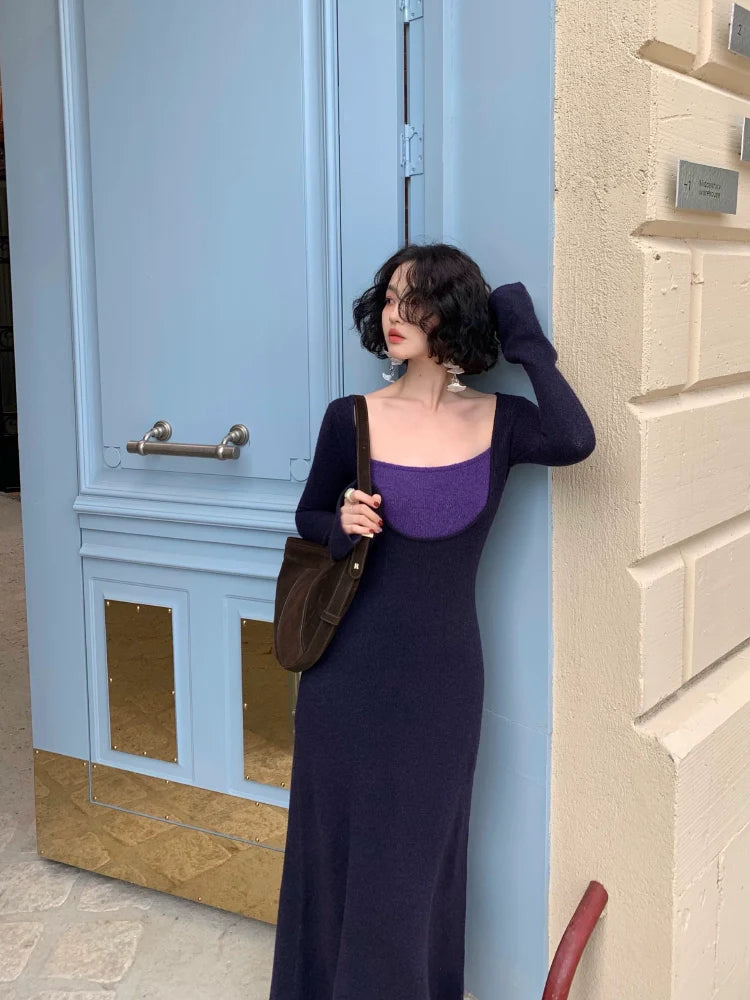 Violet Contrast Square Neck Maxi Dress