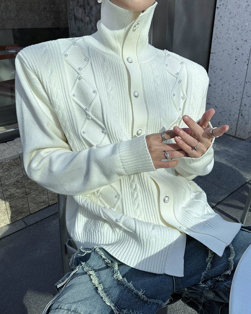 Lattice Snap-Spire Turtleneck Cardigan