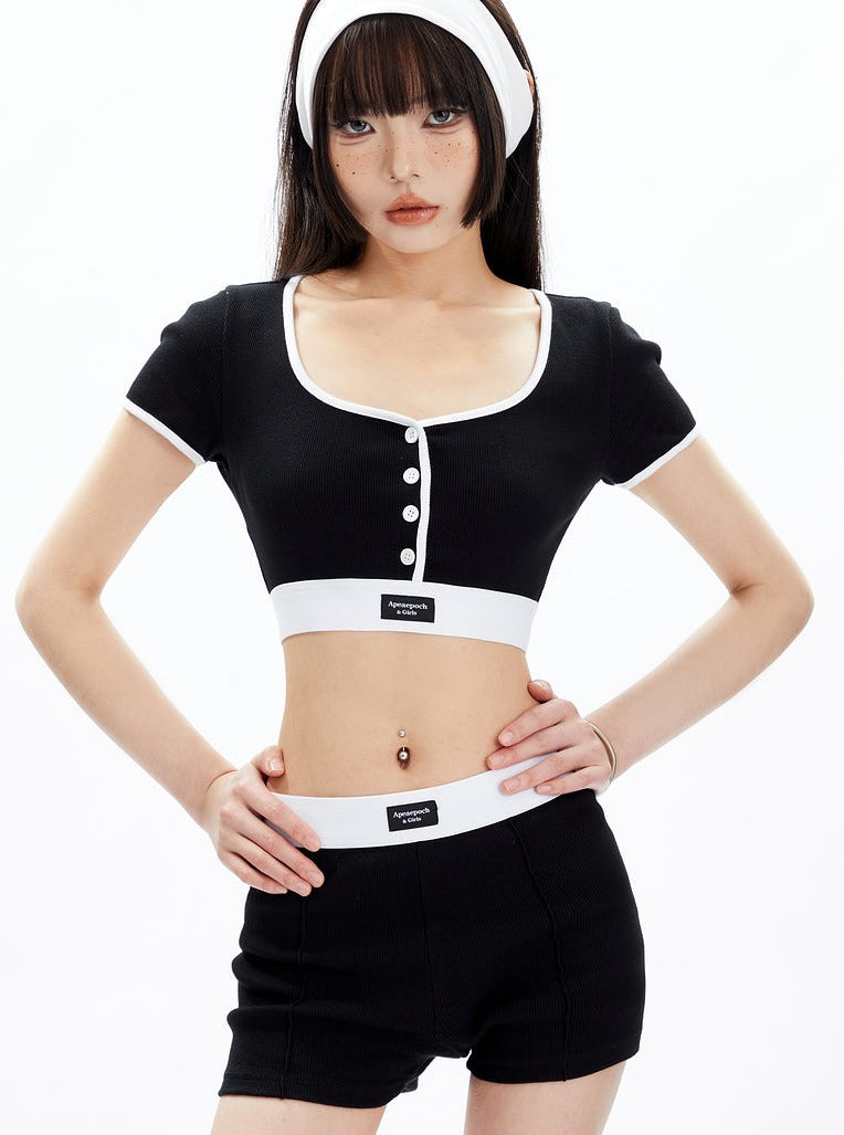 Black and White Contrast Trim Crop Top and Shorts Set