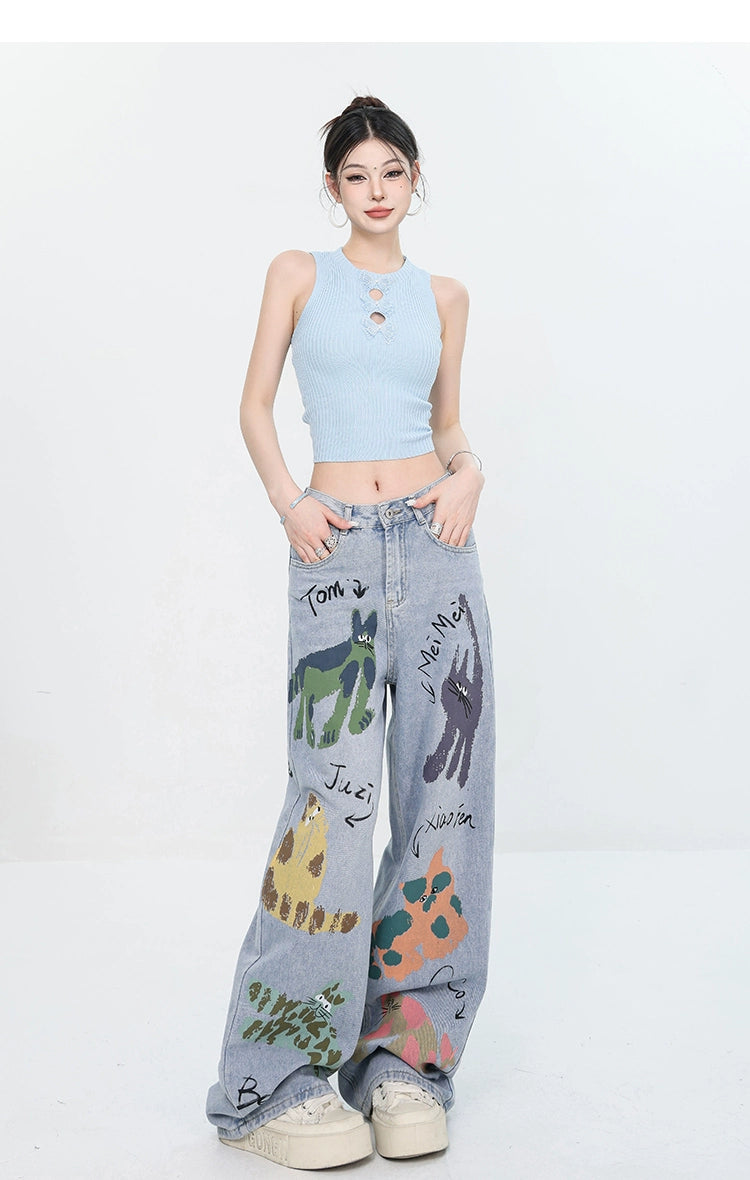 ABWEAR Whimsical Critter Doodle Wide-Leg Jeans