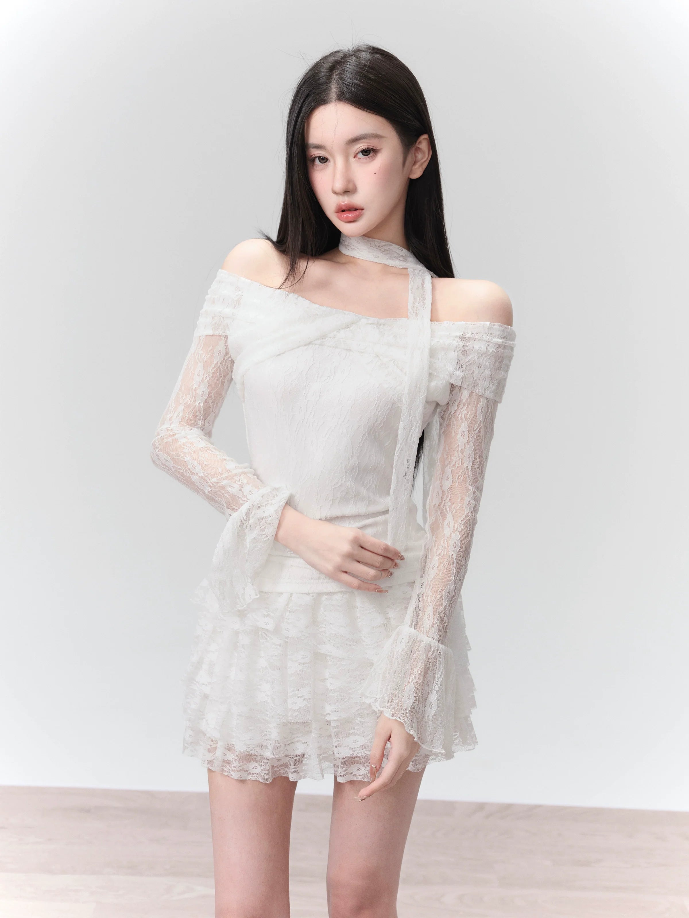 Ethereal White Lace Off-Shoulder Top and Tiered Mini Skirt Set