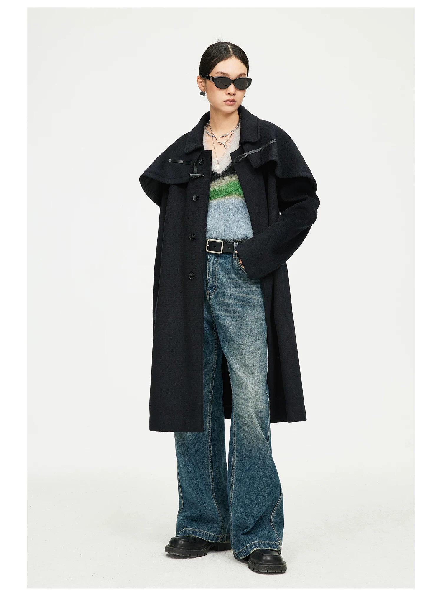 Black Cape-Detail Long Coat