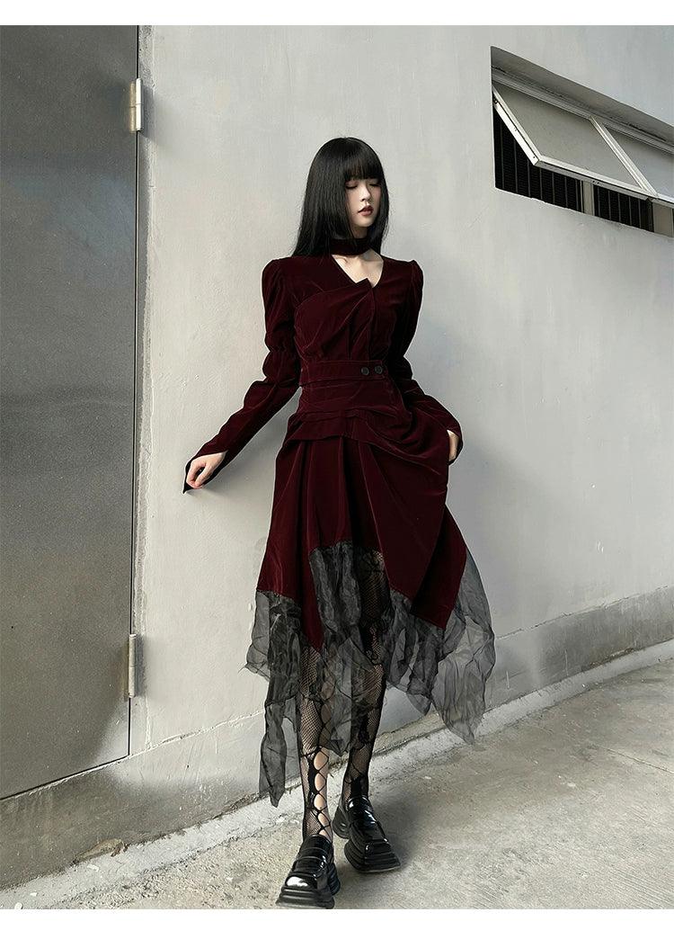 Ladyghost Gothic Victorian Maxi Dress - Women'S Burgundy Velvet And Black Mesh Layered Gown With Corset Belt