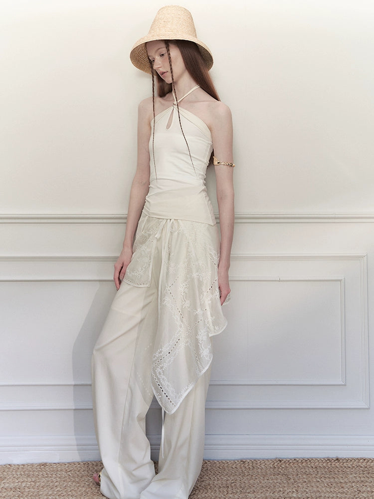 Embroidered Wrap Skirt Wide-Leg Trousers