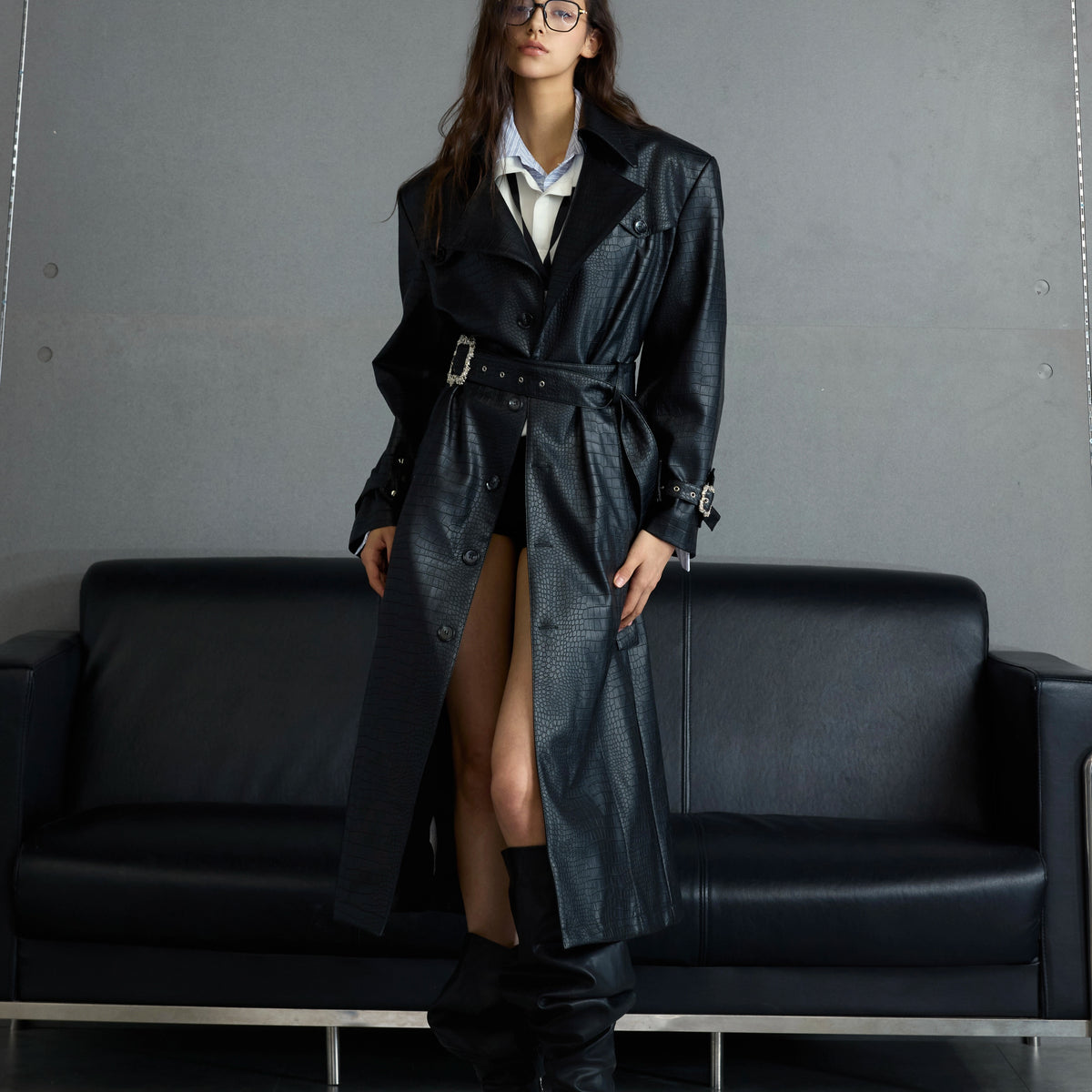 Crocodile Pattern Black Trench Coat by Argue Culture | Chiclara